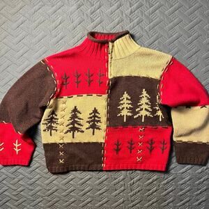 VTG 90's Grandma Chic 1/4 Zip Sweater Cottage Trees Wool Ramie Red Brown Small